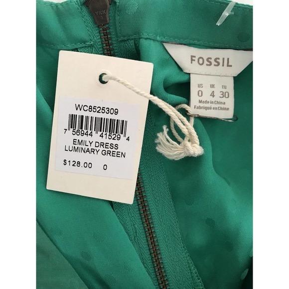 Fossil | Emily Silk Dress Size 0 Luminary Green Polka Dot Crewneck Empire Waist - Picture 12 of 12
